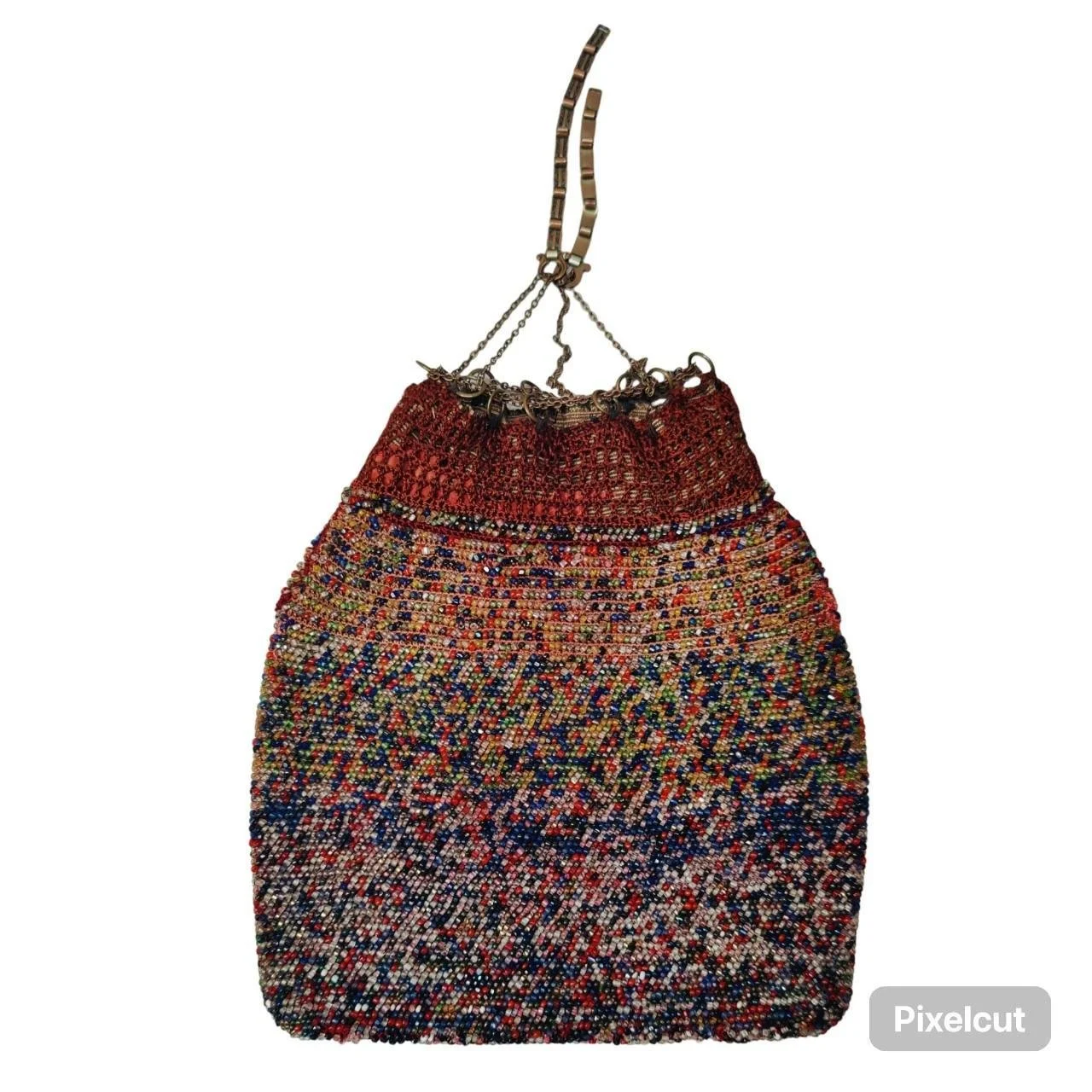 Antique French Victorian Micro Steel Cut Silver Beaded w/Fringe Drawstring Purse