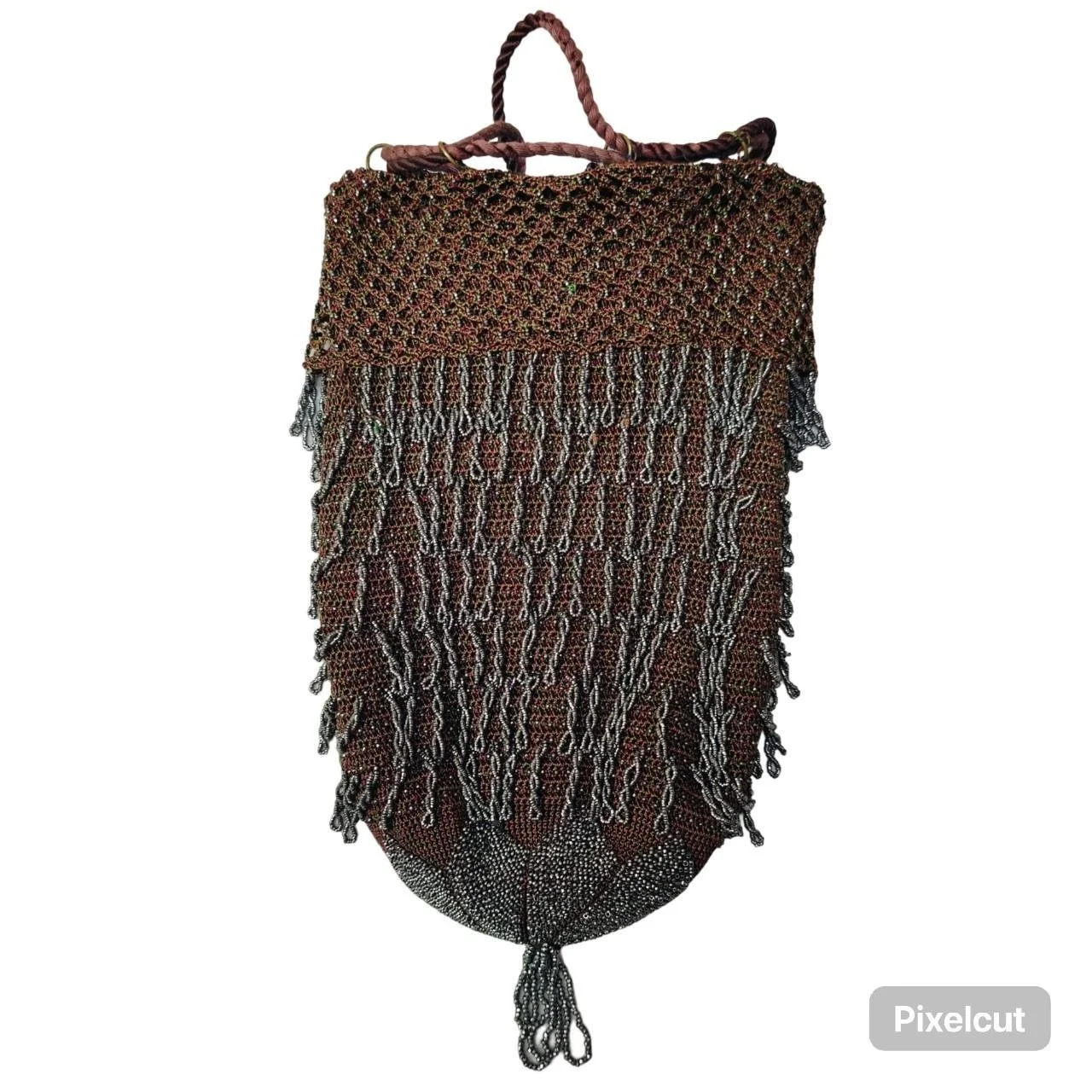 Antique Edwardian Handmade Seed Beaded Bag Metal Brown RARE