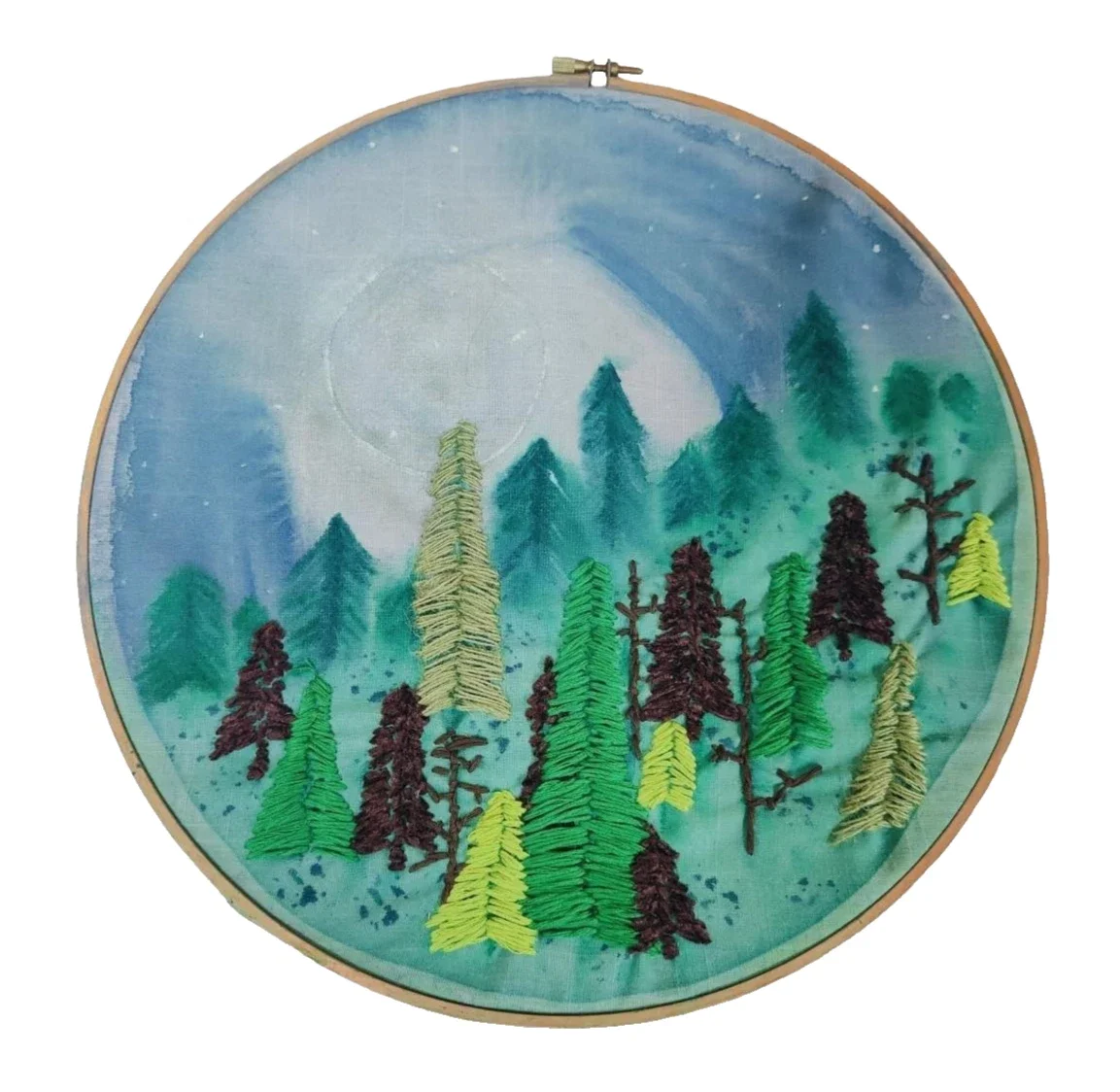 Handmade Mountain & Moon Landscape Painting & Embroidered Wall Hoop Art 12"