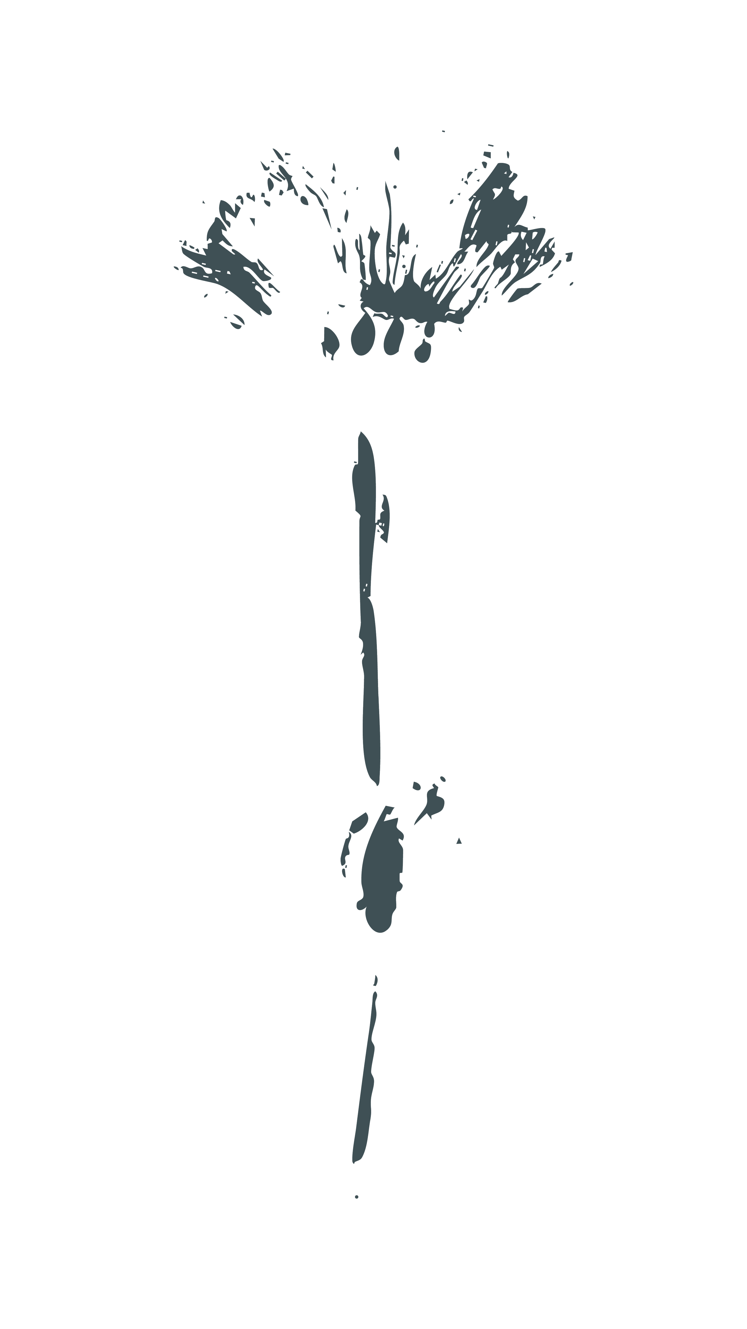 A black and white illustration of a single flower with a long stem, detailed petals, and scattered drops around the flower head.