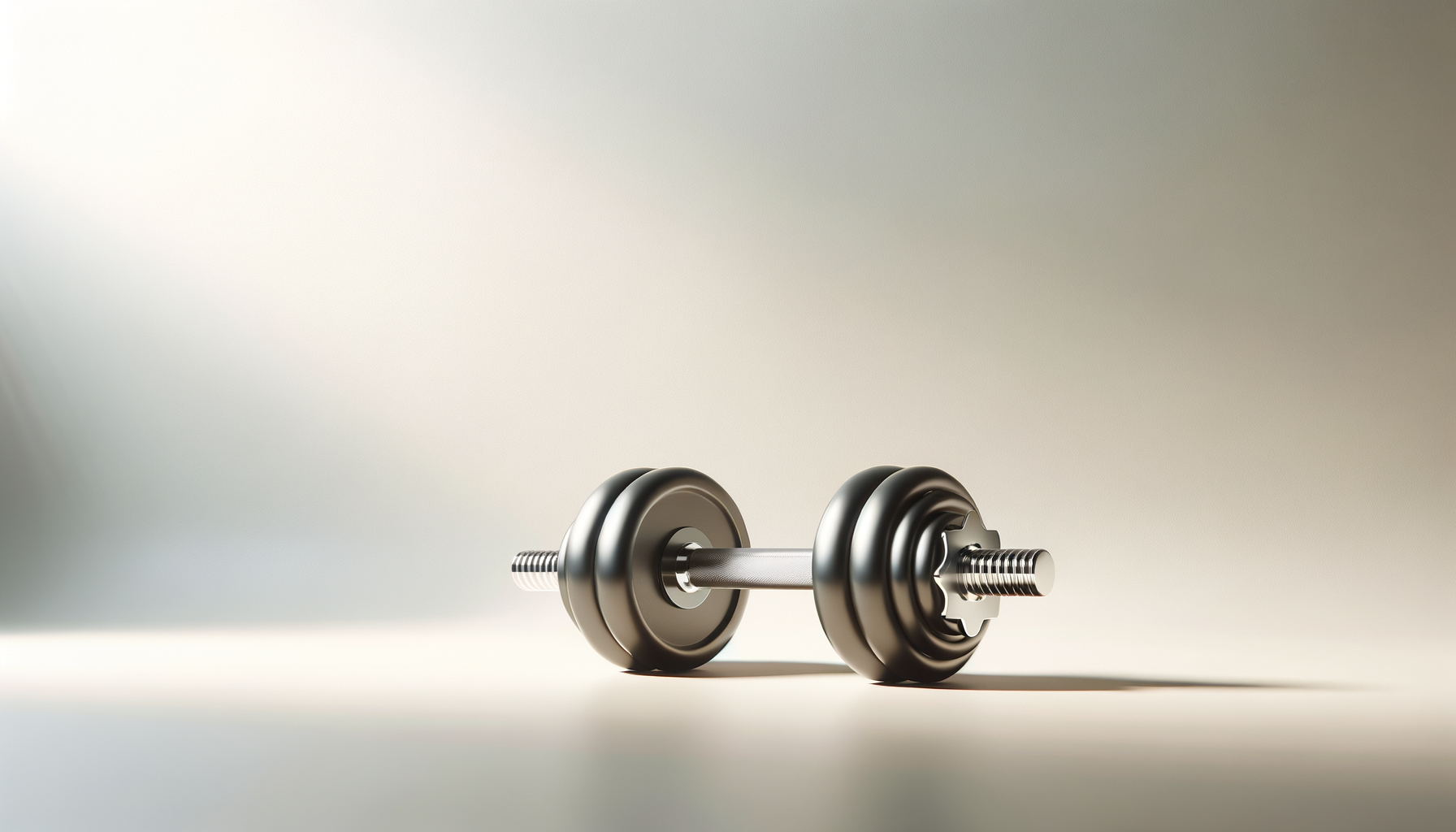 A single adjustable dumbbell with black weights on both ends and a metal handle, placed on a light-colored surface with a plain, gradient background.