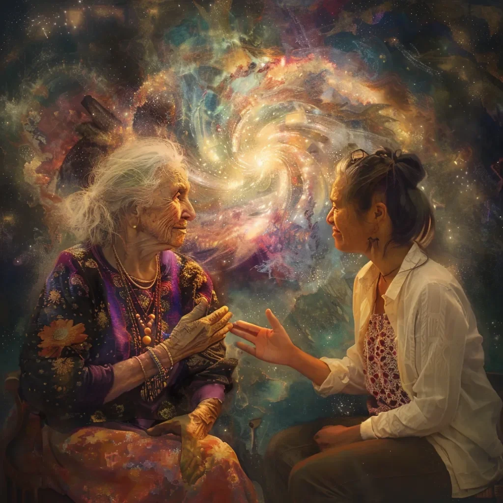 An elderly woman and a young woman face each other with hands reaching out, against a cosmic, swirling galaxy background.