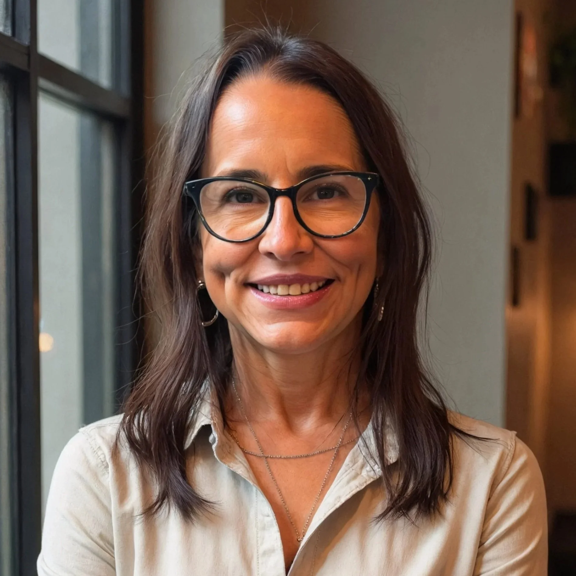 Close-up of Paty de la Rosa-Acosta smiling and standing near a window.