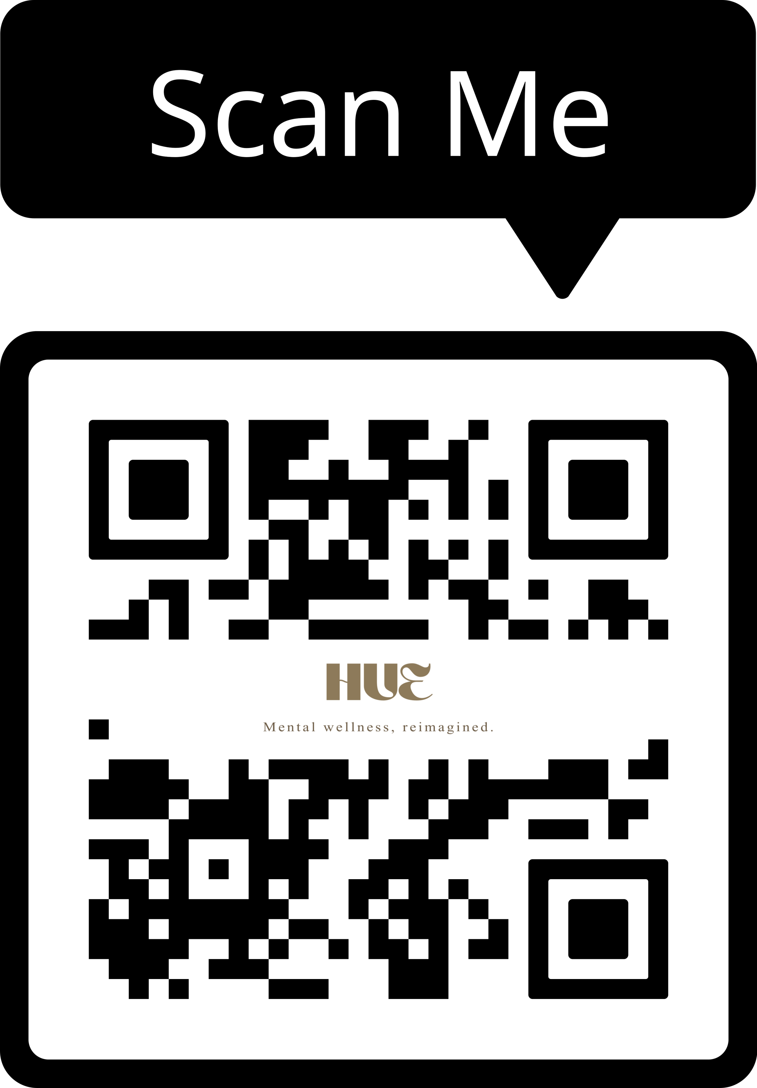 A black sign with white text saying 'Scan Me' and a QR code below it, with a logo and the words 'Mental wellness, reimagined' underneath the QR code.