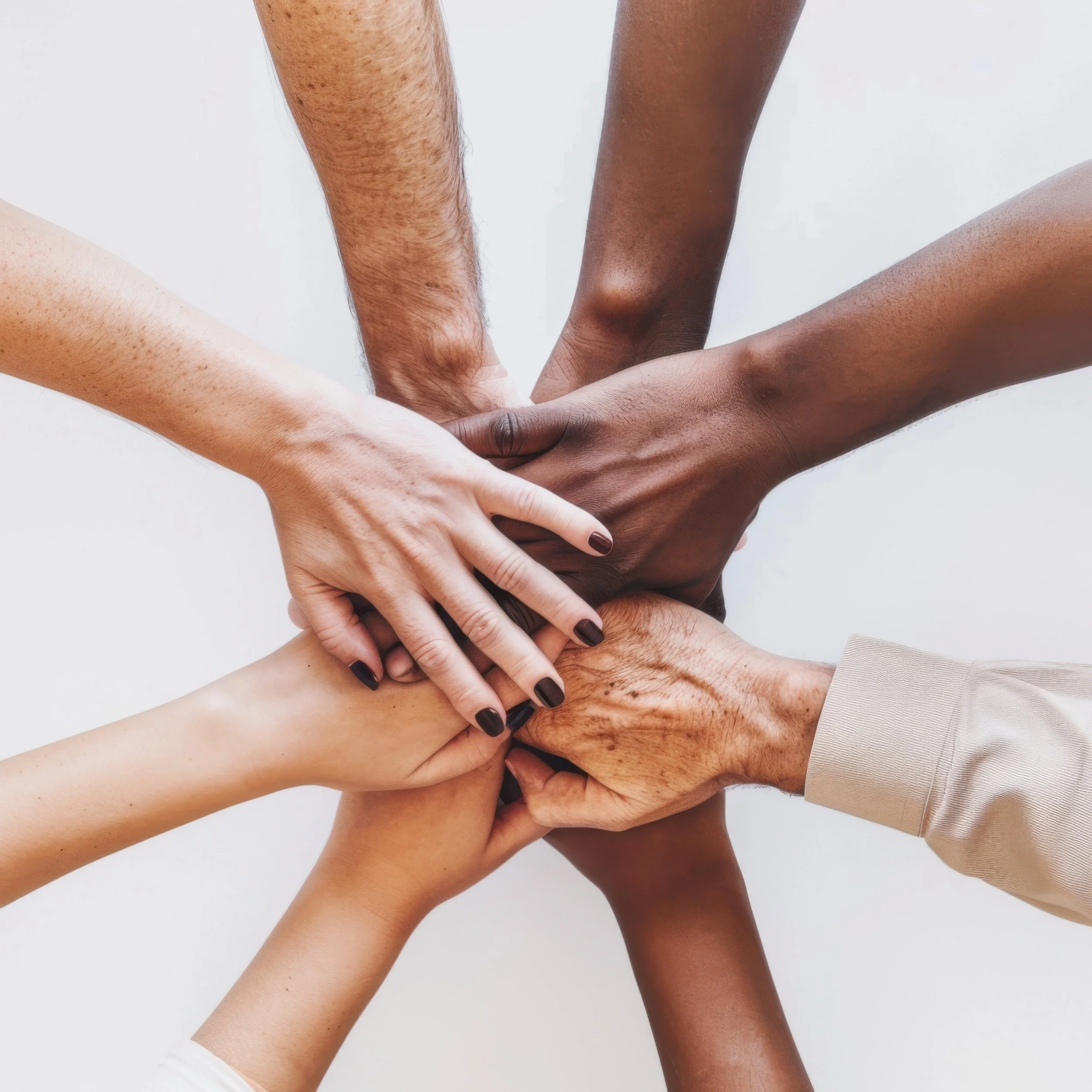 Multiple diverse hands stacking together in unity