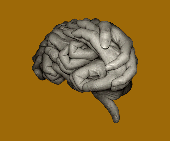 A human brain made of intertwined hands, photographed in black and white against a brown background.