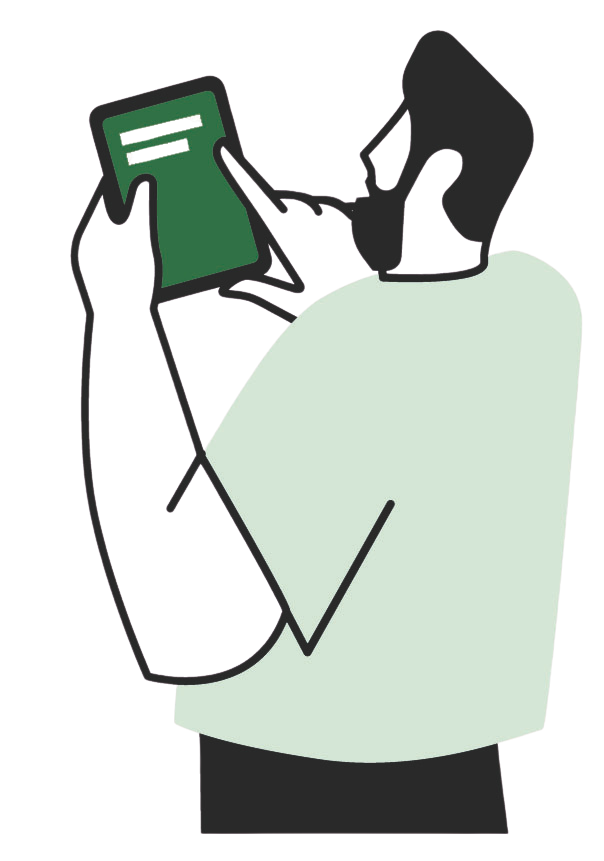 Drawing of a person with long black hair wearing a light gray top, holding a green phone with a black frame up to their face.