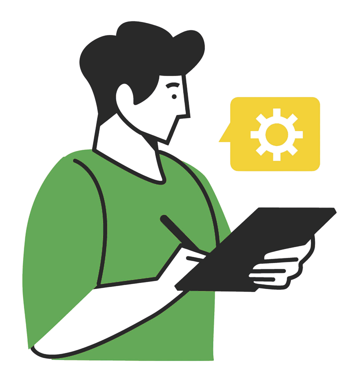 Description of a man reviewing paperwork on a tablet