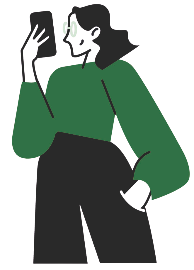 Stylized digital illustration of a person with glasses and black hair, wearing a green top, holding a smartphone, with a dark background.