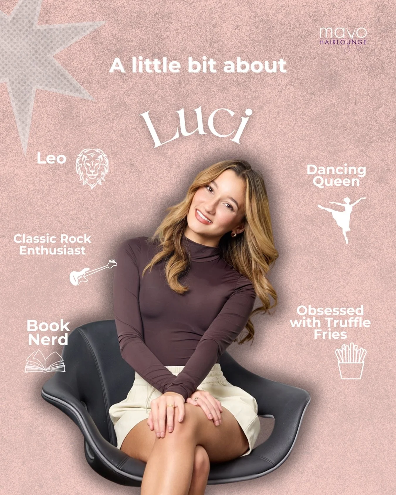 Meet Luci ( @styled_by_luci ), our dancing queen, classic-rock lover, book nerd, and truffle-fries addict. She brings sunshine to every appointment, a naturally creative eye, and the sweetest, most genuine vibe behind the chair. Clients adore her for