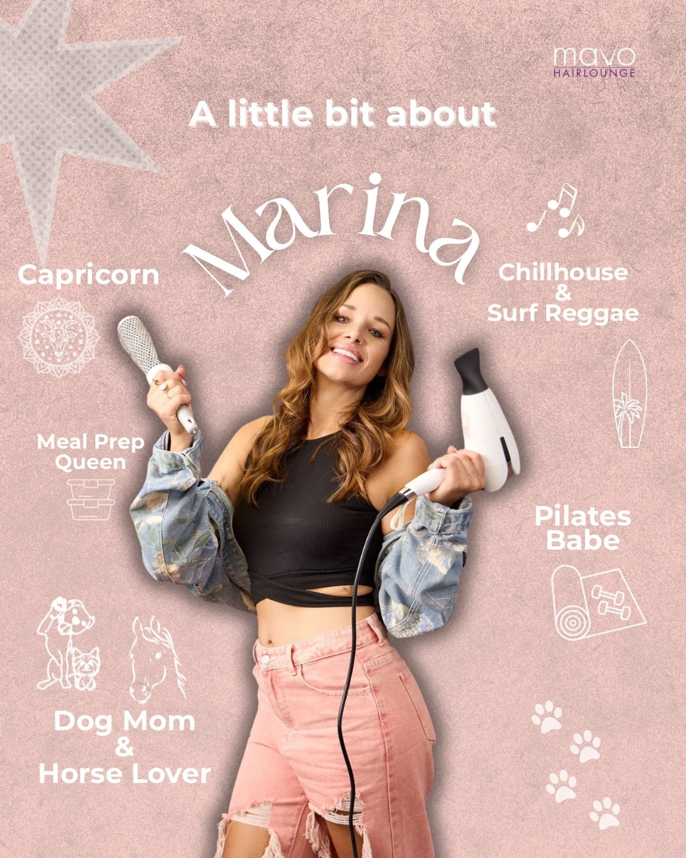 Meet Marina, the heart behind MaVo.
Capricorn energy, pilates mornings, surf-reggae playlists, and two pups who run the house.
She&rsquo;s the visionary, the leader, and your go-to for anything extensions, blonding, and good vibes. ✨🐾🌴🎶

#MaVoHair