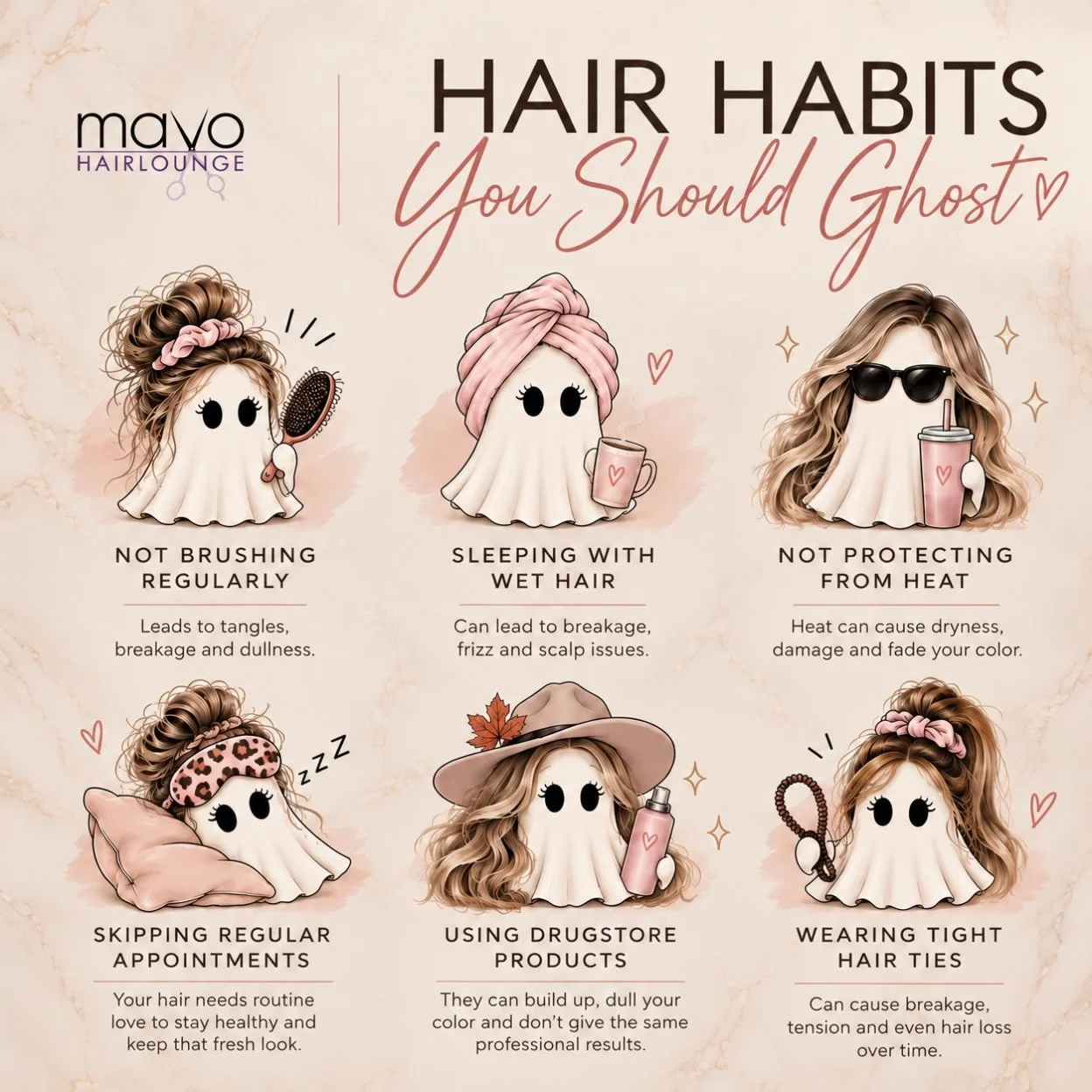 Some hair habits need to be ghosted 👻

Wet hair at bedtime, skipping heat protection, tight hair ties, ignoring your appointments&hellip; your hair remembers all of it.

Healthy hair is built in the little things you do consistently.

Which one are 