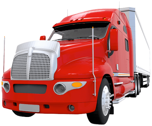 Red semi-truck with a white trailer against a plain background.