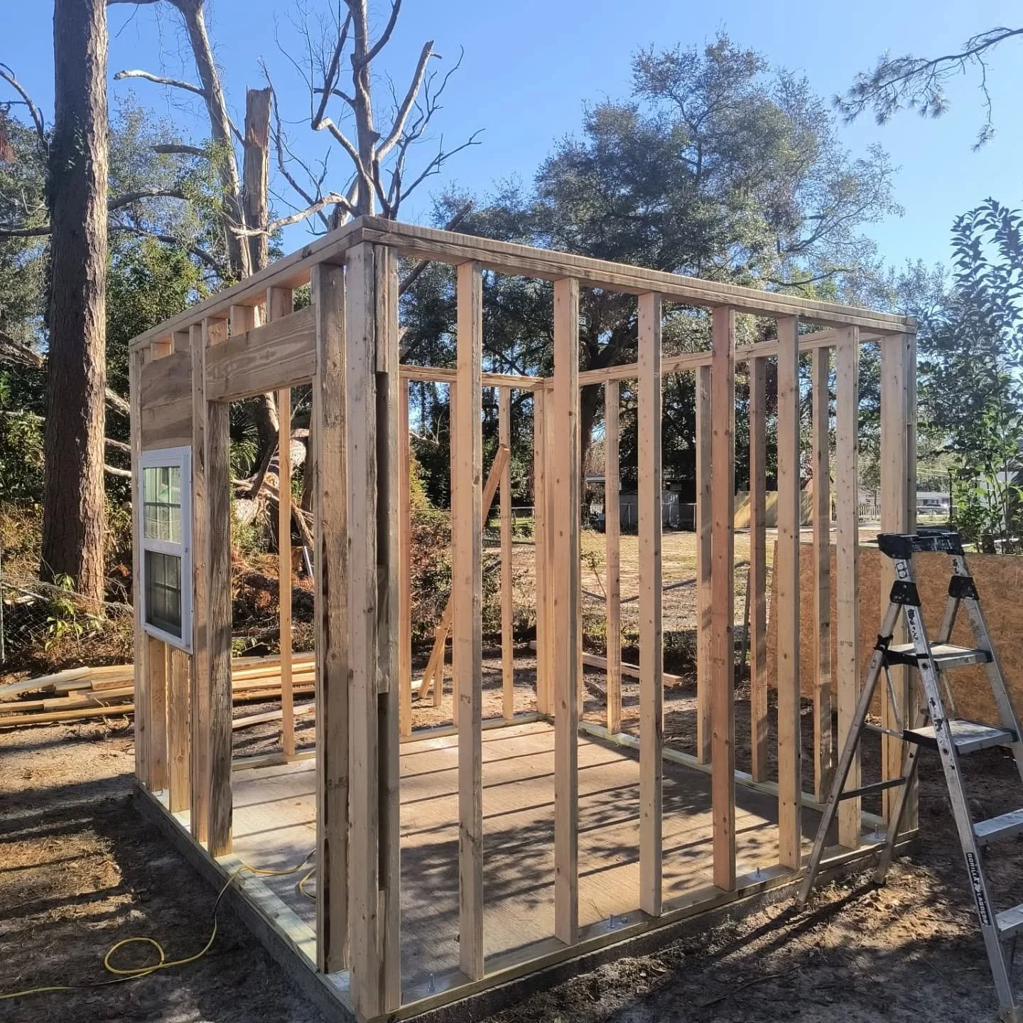 Small wooden structure under construction with framing, a small window on the side, and a step ladder nearby, outdoors on a sunny day.