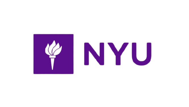 New York University logo with torch icon and purple text 'NYU' on a black background.