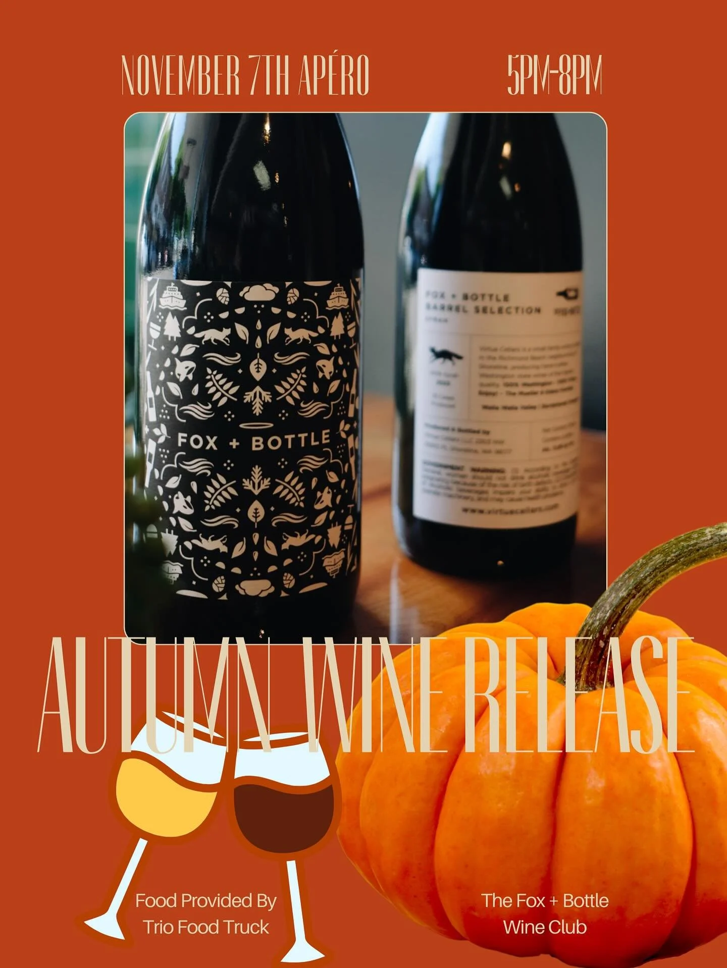 Officially 4 weeks away from our Fall Wine Club Ap&eacute;ro!! Friday November 7th 5pm-8pm we will be closing the shop for our Club Members to enjoy all 9 curated wines, party with new and familiar Fox + Bottle friends and enjoy some delicious bites 