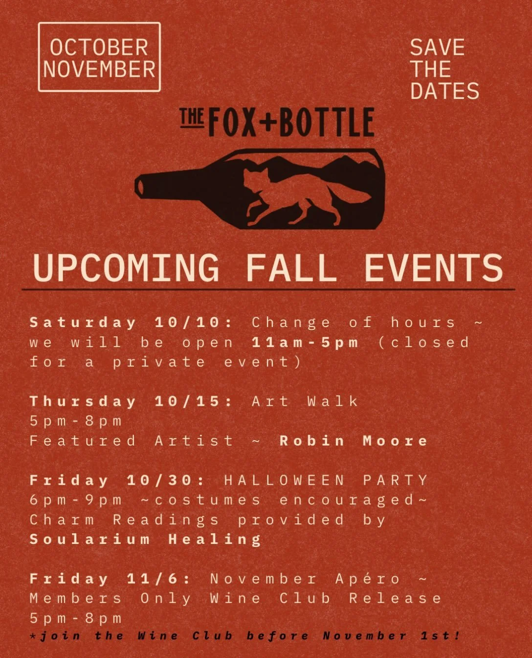 Upcoming events and updates for
 F A L L!

*Change of hours for Saturday October 10th &bull; 11am-5pm while we host a private event 🖤

*Thursday October 15th &bull; 5pm-8pm Art Walk with Featured Artist @robinmoorestudio 

*Friday October 30th &bull