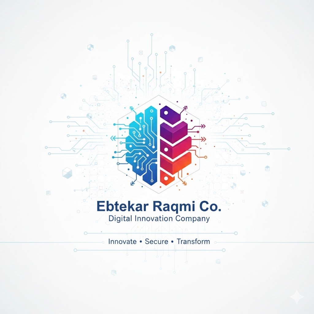 Logo for Ebtekar Raqmi Co., a digital innovation company, featuring a stylized computer chip design with circuitry in blue on the left and purple to red gradient on the right. Text below reads 'Ebtekar Raqmi Co., Digital Innovation Company' with the tagline 'Innovate, Secure, Transform'.