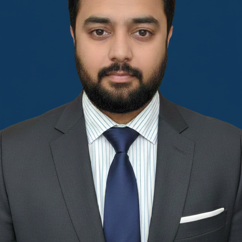 Headshot of a man with dark hair, beard, wearing a gray suit, white striped shirt, and a navy blue tie, against a solid blue background.