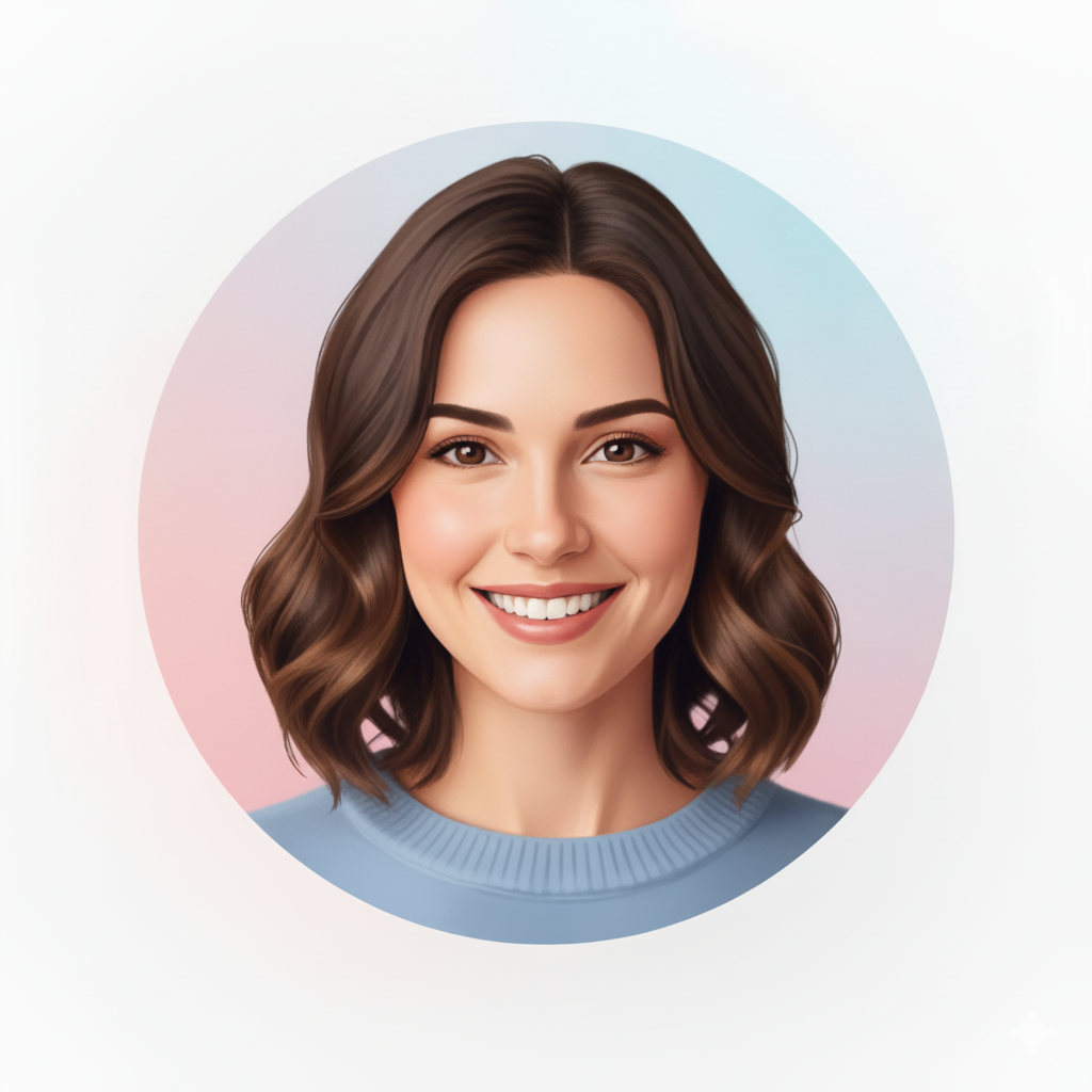 A young woman with shoulder-length brown hair styled in loose waves, smiling, wearing a blue top, against a light background with a gradient circle behind her.