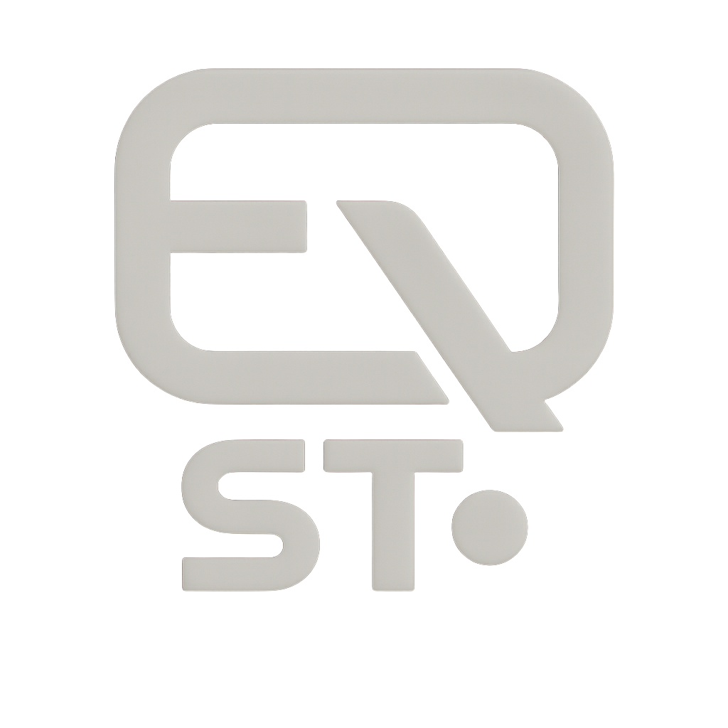 A logo with a stylized 'E' and 'Q' inside a rounded square, above the letters 'ST.' in bold font.