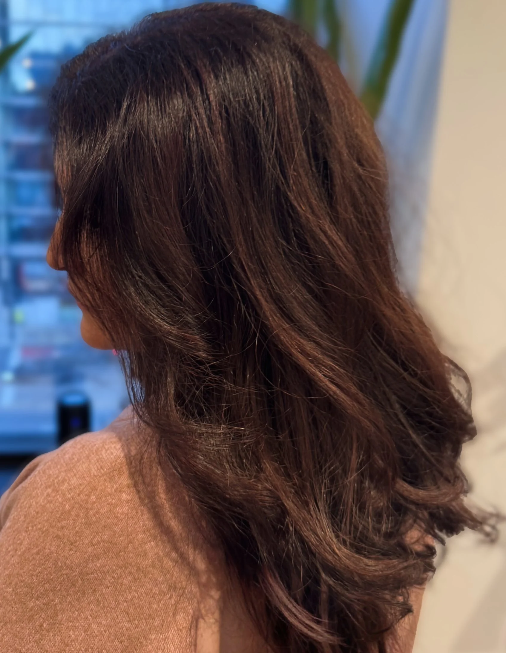 Close-up of a person's head with shoulder-length, wavy brown hair, wearing a brown sweater. The background is blurred with some green plants.