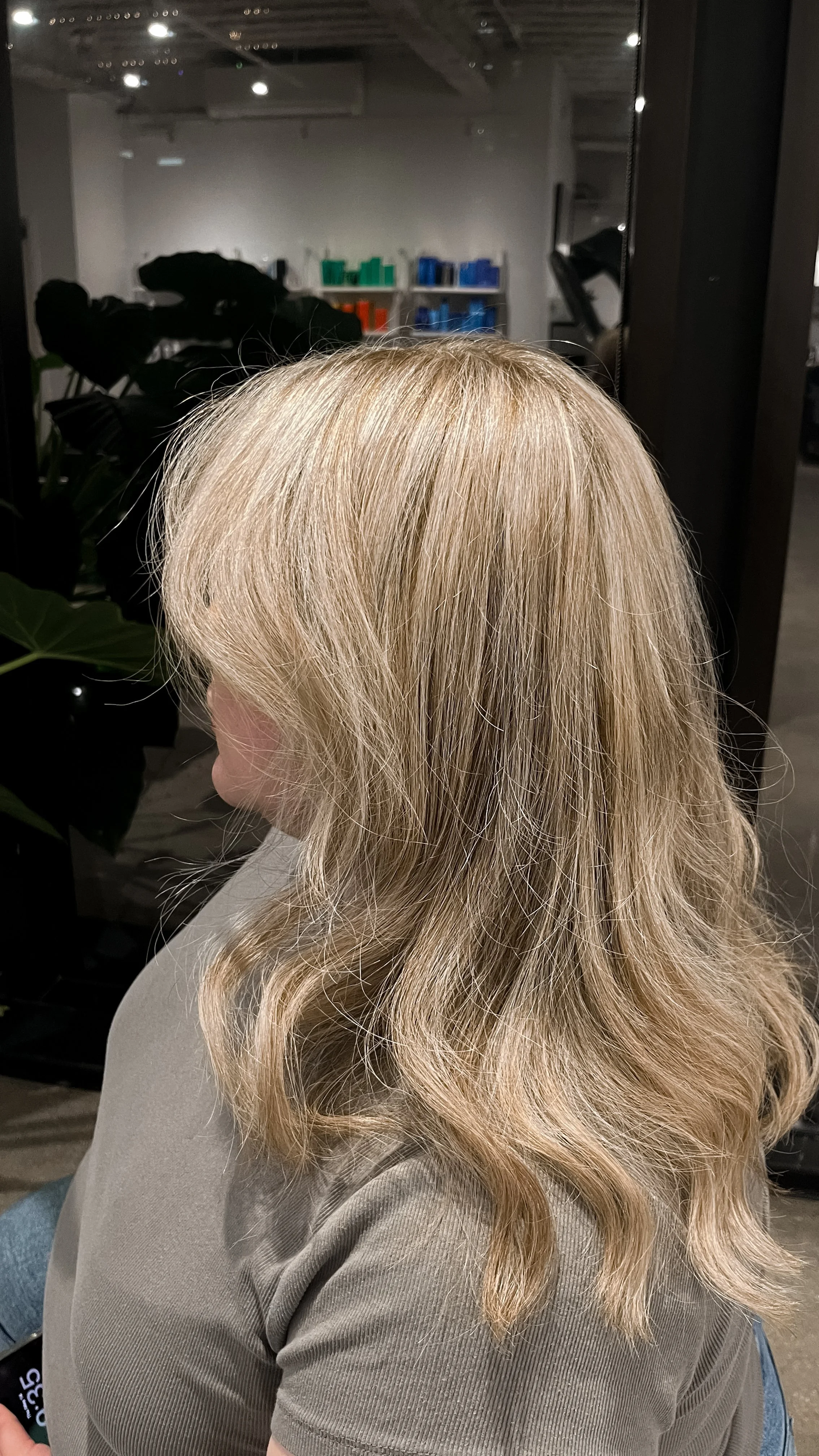 Woman with long, wavy blonde hair wearing a beige top, seated indoors near a mirror with shelves and paintings in the background.
