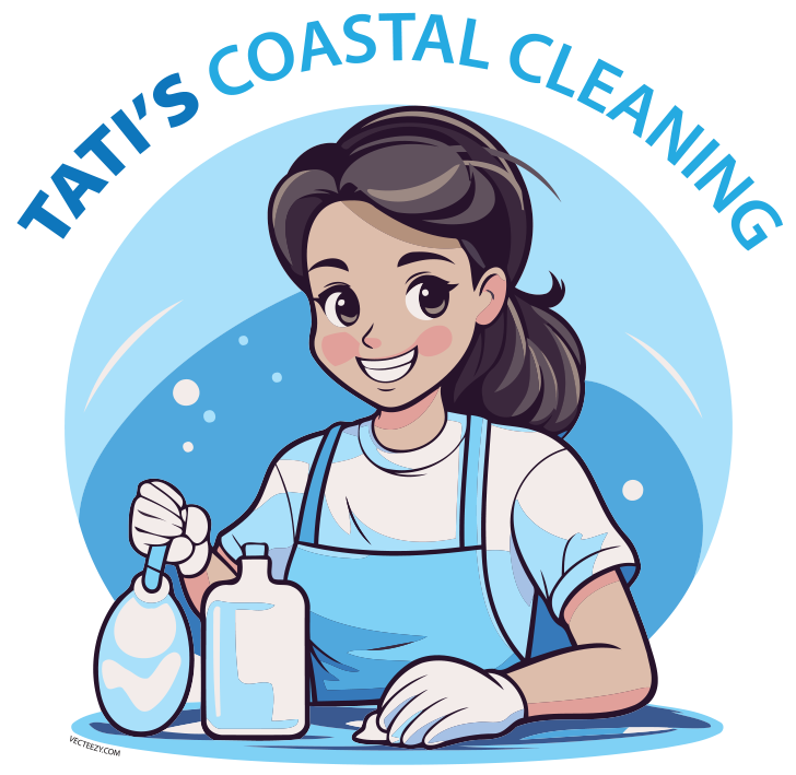 Cartoon of a smiling woman wearing gloves, cleaning supplies, and an apron, cleaning a surface.