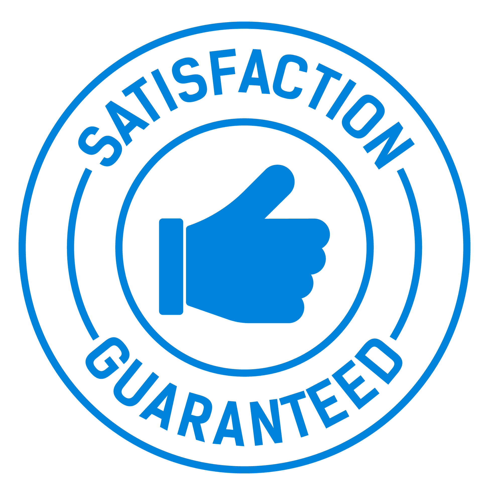 Blue circular badge with a thumbs-up icon in the center, surrounded by the words "Satisfaction Guaranteed" in uppercase.