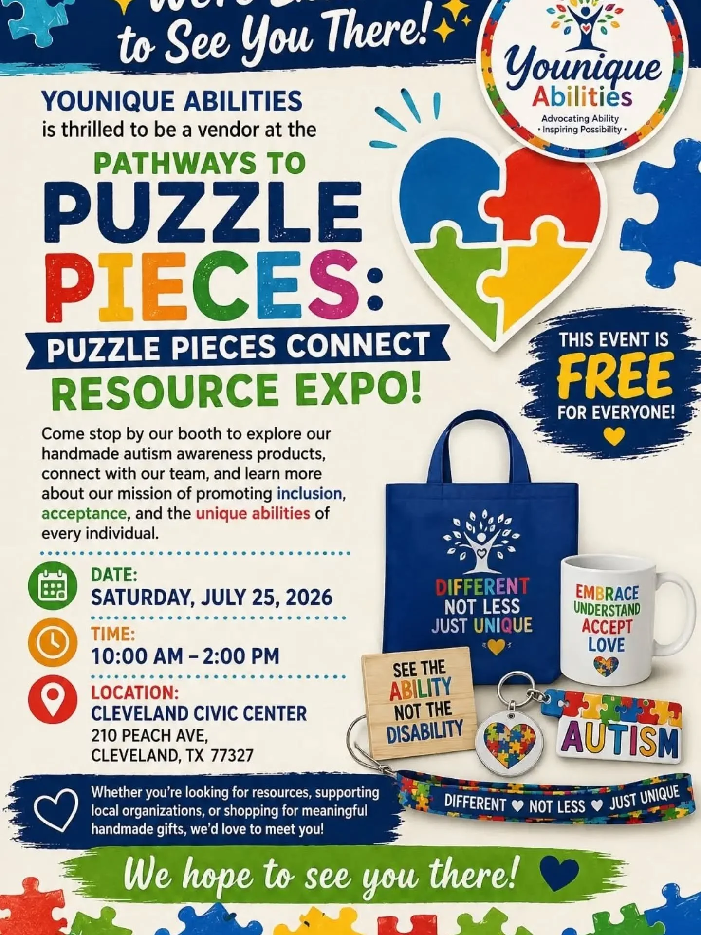 Younique Abilities is thrilled to be a vendor at the Pathways to Puzzle Pieces: Puzzle Pieces Connect Resource Expo!

Come stop by our booth to explore our handmade autism awareness products, connect with our team, and learn more about our mission of