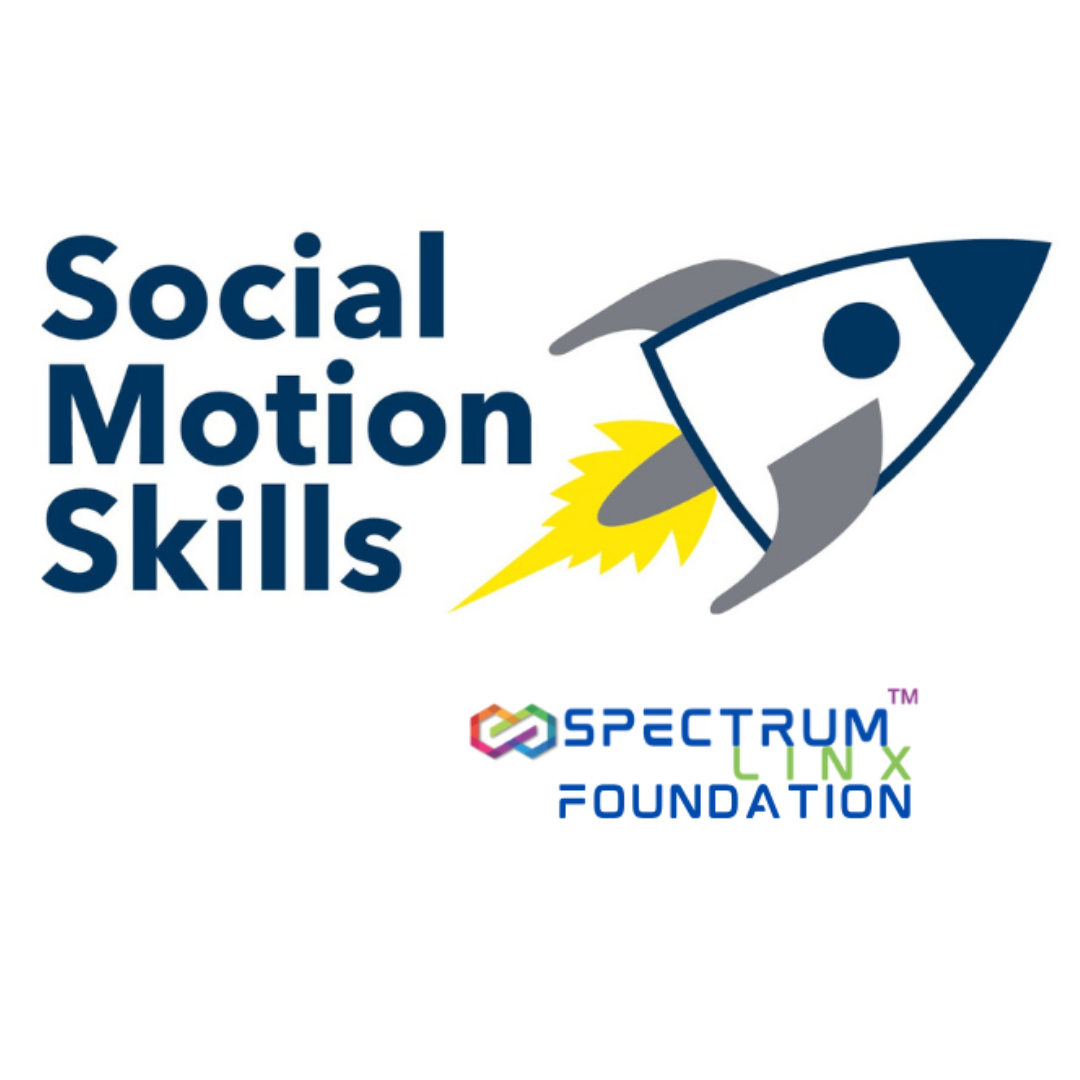 Logo for Social Motion Skills with a stylized rocket ship and the Spectrum Linx Foundation logo below.