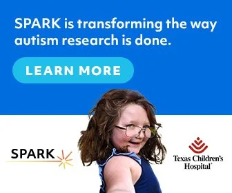 Advertisement for SPARK autism research program with a young girl smiling, blue background, and Texas Children's Hospital logo.