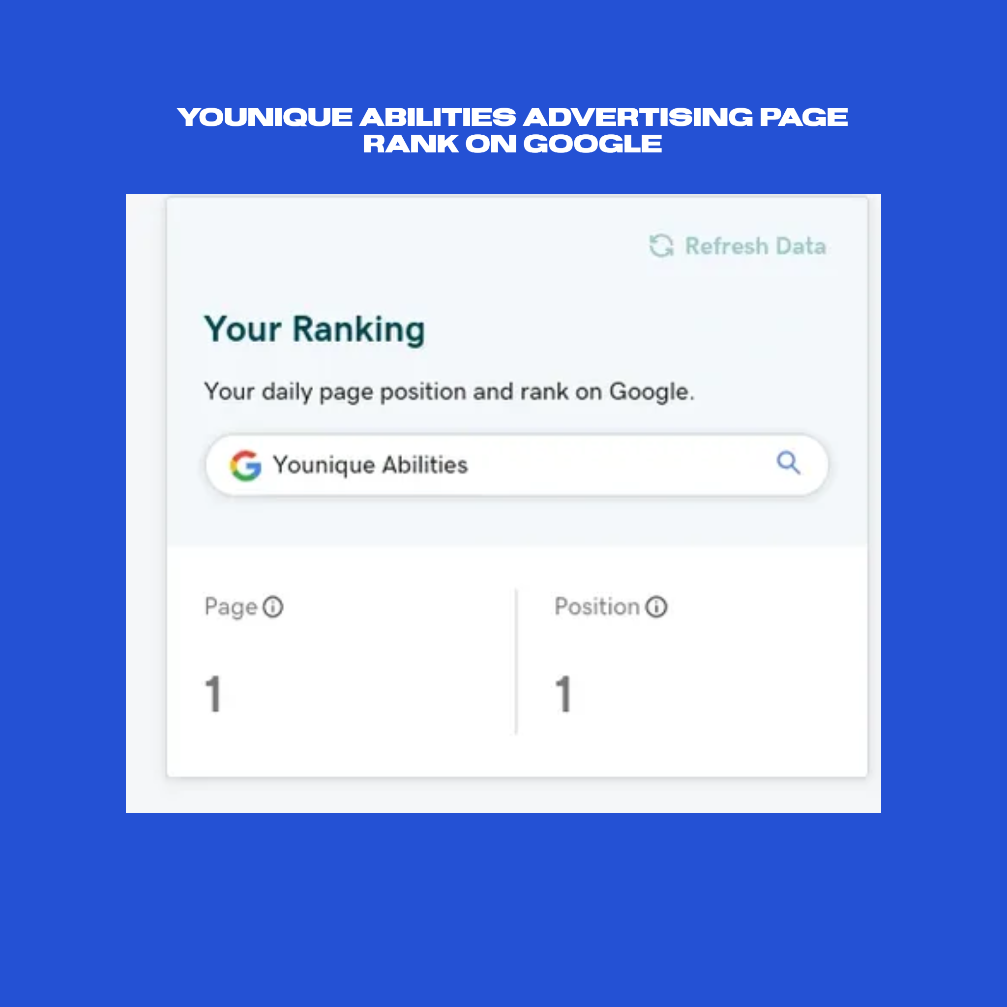 Screenshot of a webpage showing a Google ranking report for Younique Abilities, with page and position both listed as 1.
