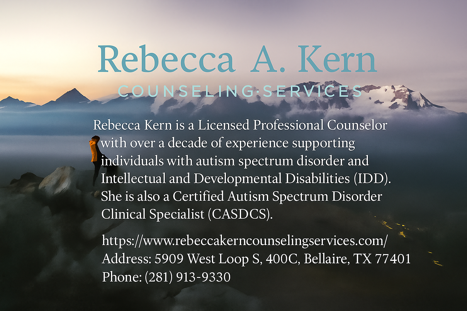 Business card for Rebecca A. Kern Counseling Services with a mountain landscape background and person standing on a rock.