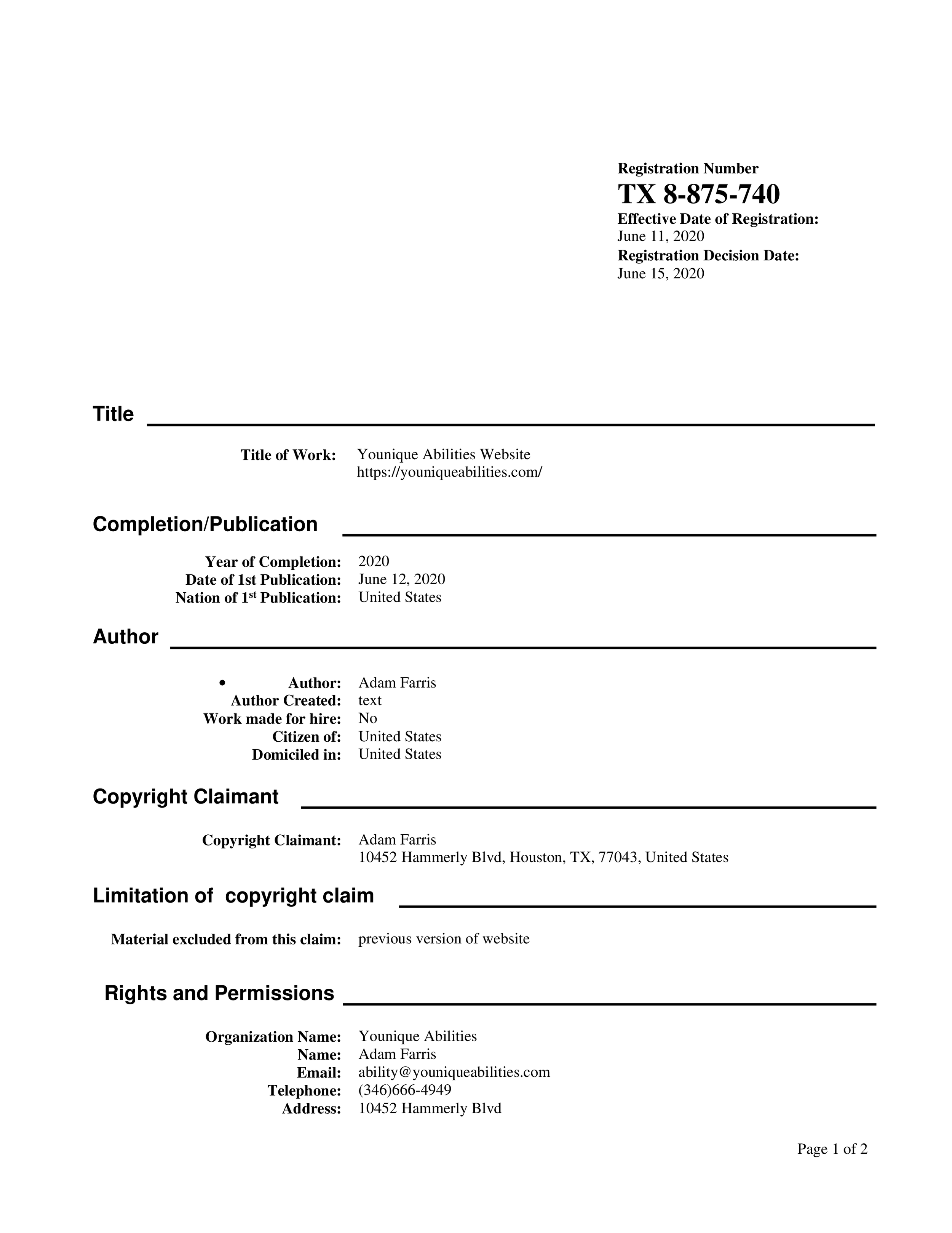 Legal document with registration number TX 8-875-740, titled 'Younique Abilities Website,' authored by Adam Farris, including copyright and contact details.