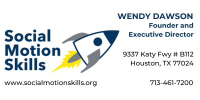 Business card for Social Motion Skills featuring a rocket icon and contact details for Wendy Dawson in Houston, TX.