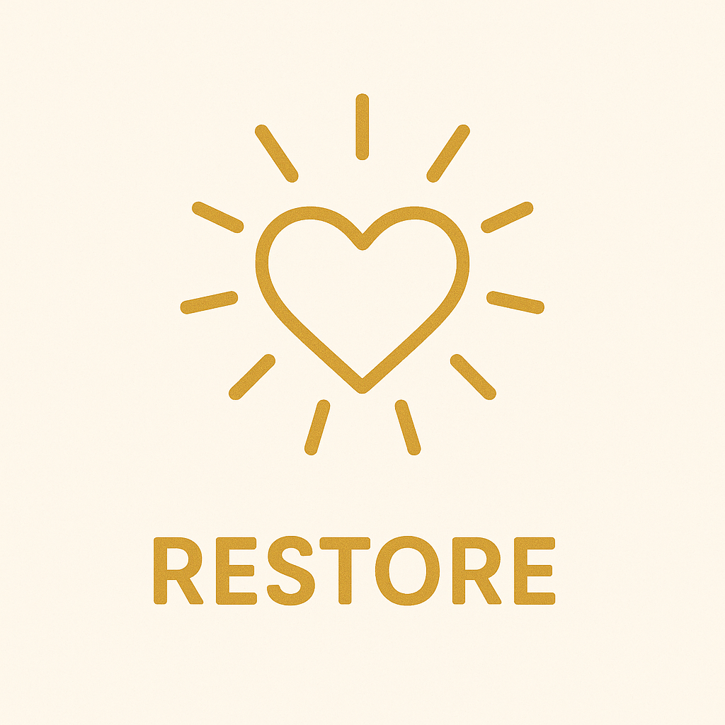 A stylized gold heart with surrounding lines representing rays of light, above the word "RESTORE" in bold gold letters on a light background.