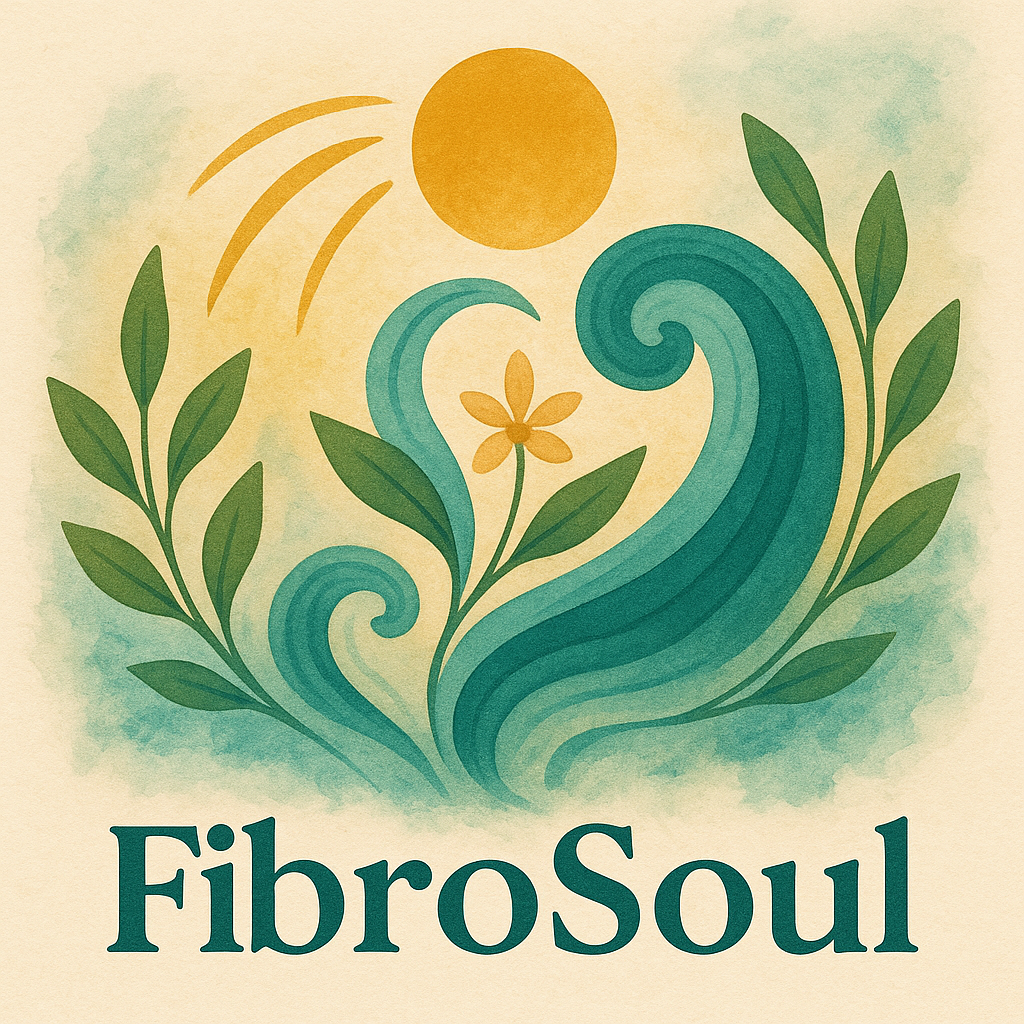 A logo for FibroSoul featuring stylized waves, green leaves, a yellow sun, and a yellow flower with the text "FibroSoul" underneath.