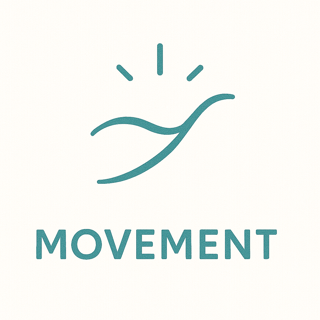 A logo with a stylized hand and clock hands, with the word "MOVEMENT" below.