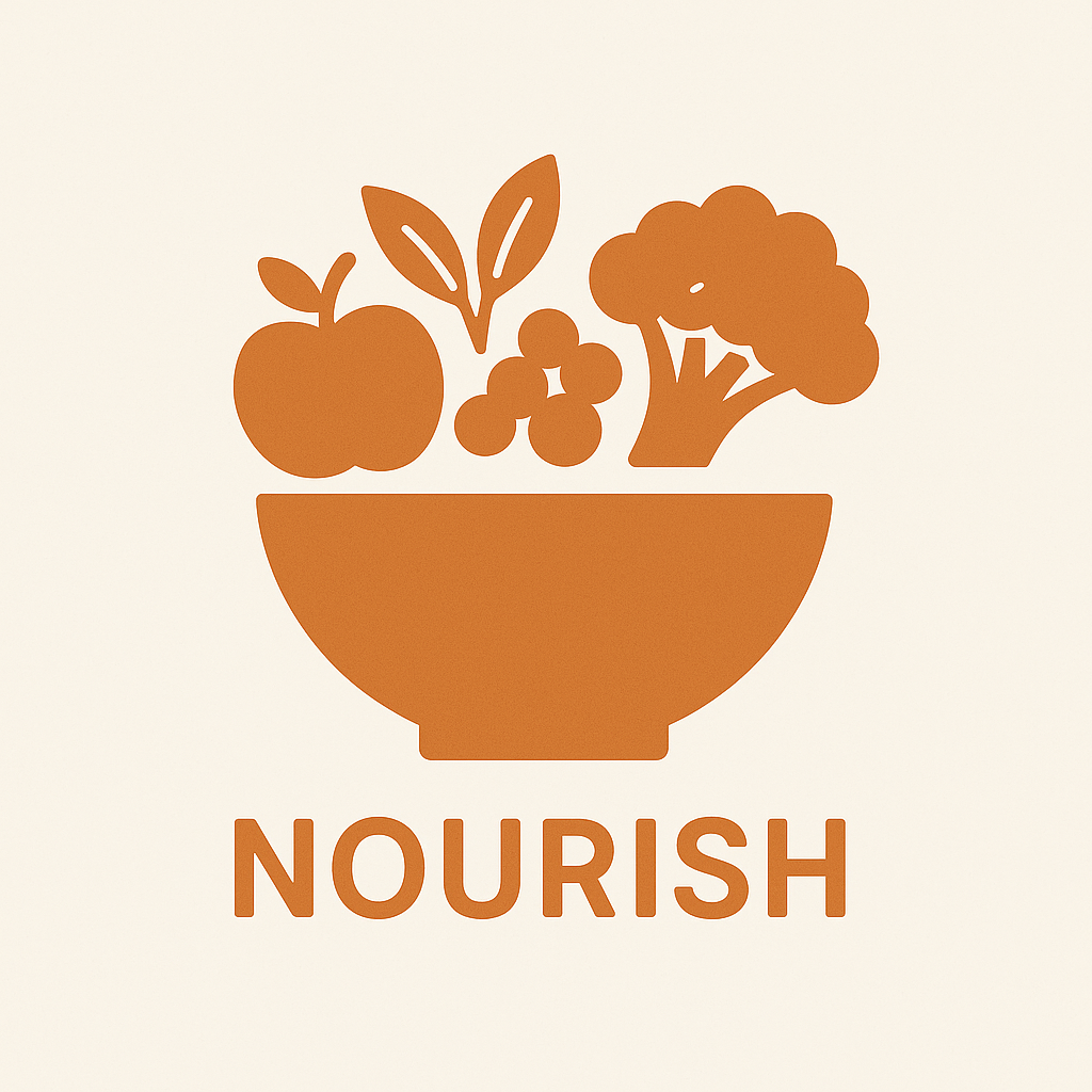 A stylized illustration of a bowl with various vegetables and fruits inside, including an apple, broccoli, and other produce, with the word 'NOURISH' written below.
