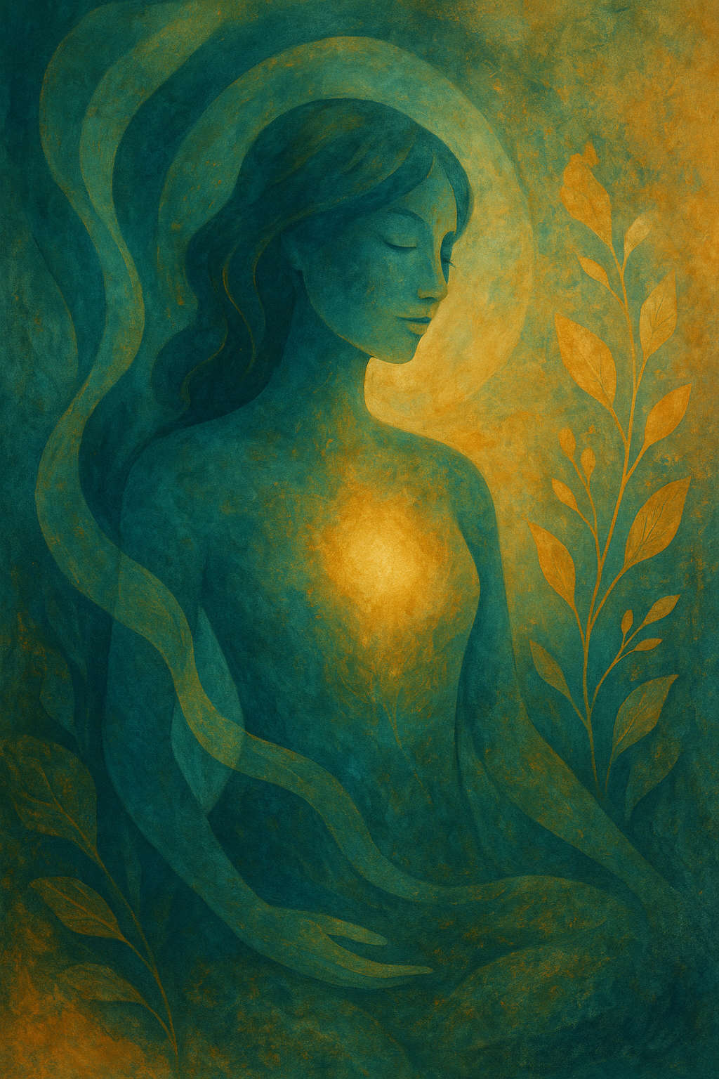 Artistic depiction of a woman with closed eyes, long flowing hair, surrounded by warm yellow and green hues, with leaves and a glowing heart area.