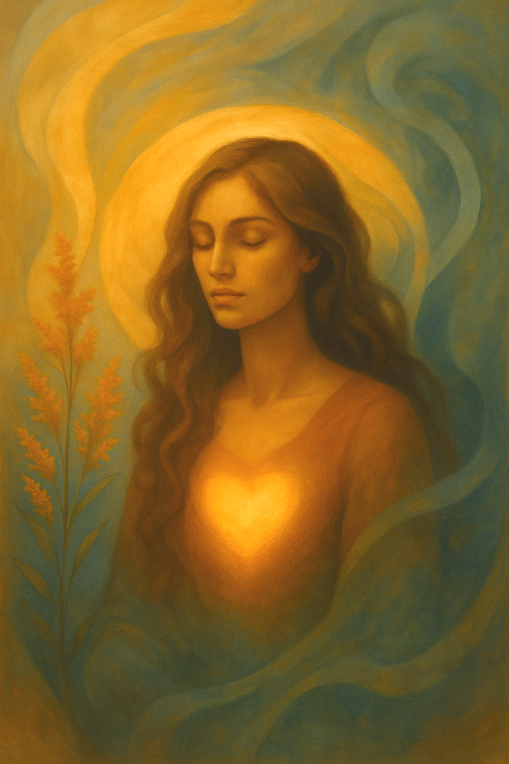 A painting of a woman with long wavy hair and closed eyes, with a glowing light on her chest, surrounded by swirling colors and a tall plant with orange leaves on the left side.