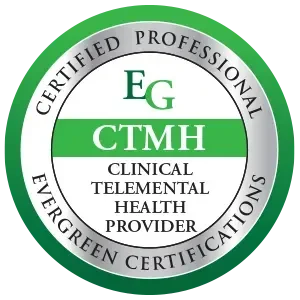 A circular certification badge with a green and white color scheme. The outer ring has the text 'Certified Professional Evergreen Certifications.' Inside, there's a green stripe with 'EG' on top and 'CTMH' below, with 'Clinical Telemental Health Provider' written underneath.