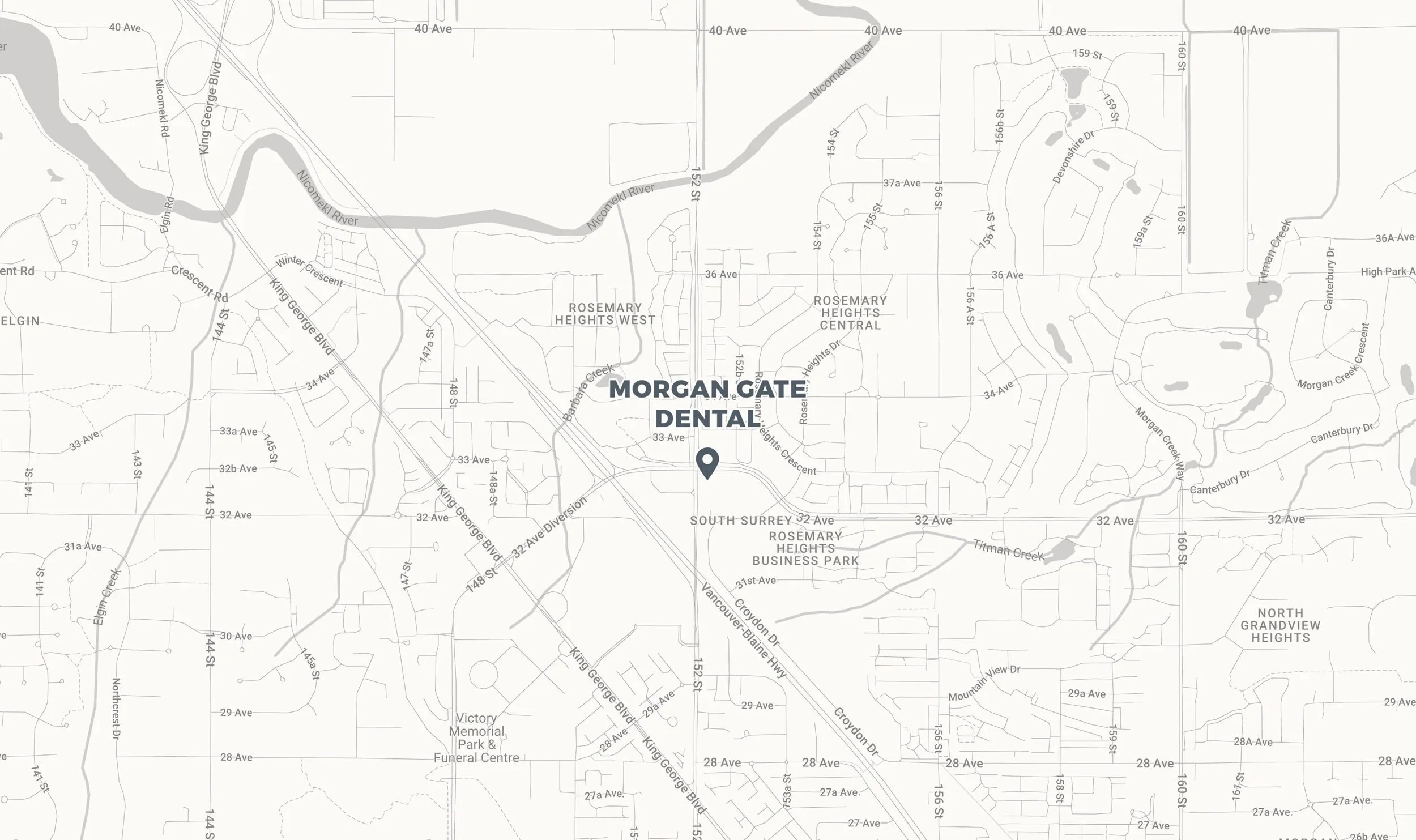 A map showing Morgan Gate Dental. The #1 Family Dentist in South Surrey British Columbia