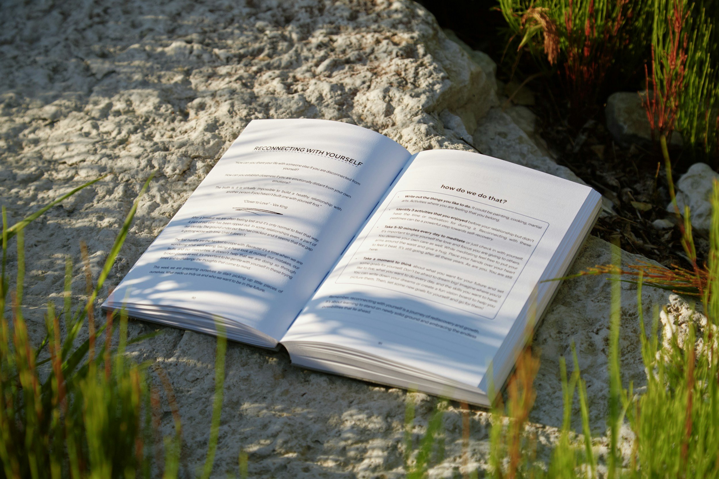 Livre posé sur un rocher, invitation à se reconnecter à soi au cœur de la transformation
