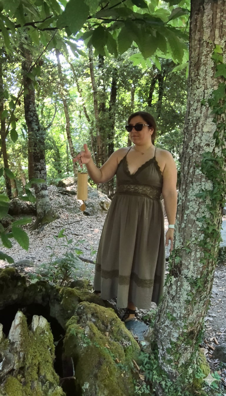 Sofia Paoli pratique la sonothérapie avec un carillon Koshi dans la forêt, symbole de reconnexion à soi et d’harmonie intérieure.