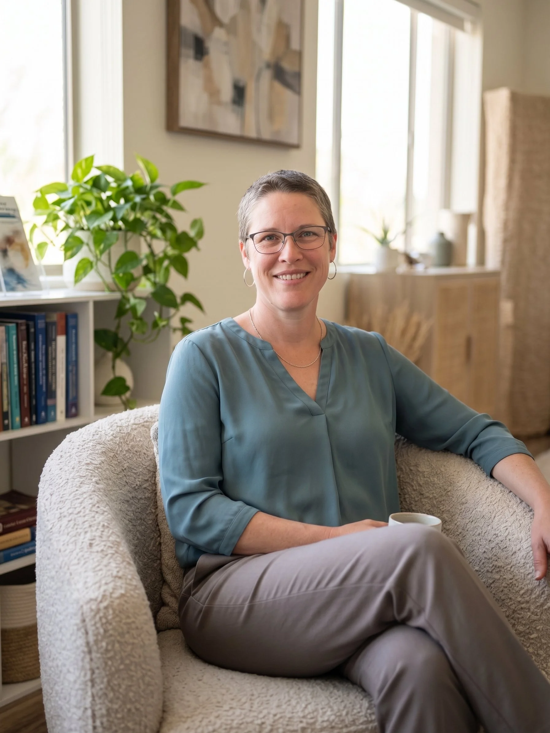A smiling woman with short hair and glasses sitting on a cozy beige armchair in a well-lit room, holding a white mug, with a bookshelf, a green plant, and decorative items in the background.