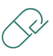 Line drawing of a capsule-shaped pill with a dividing line in the middle and a stylized L symbol on one side.
