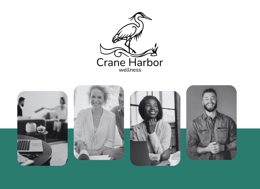 Four black-and-white photographs of diverse people in professional or social settings, with a teal background at the bottom.