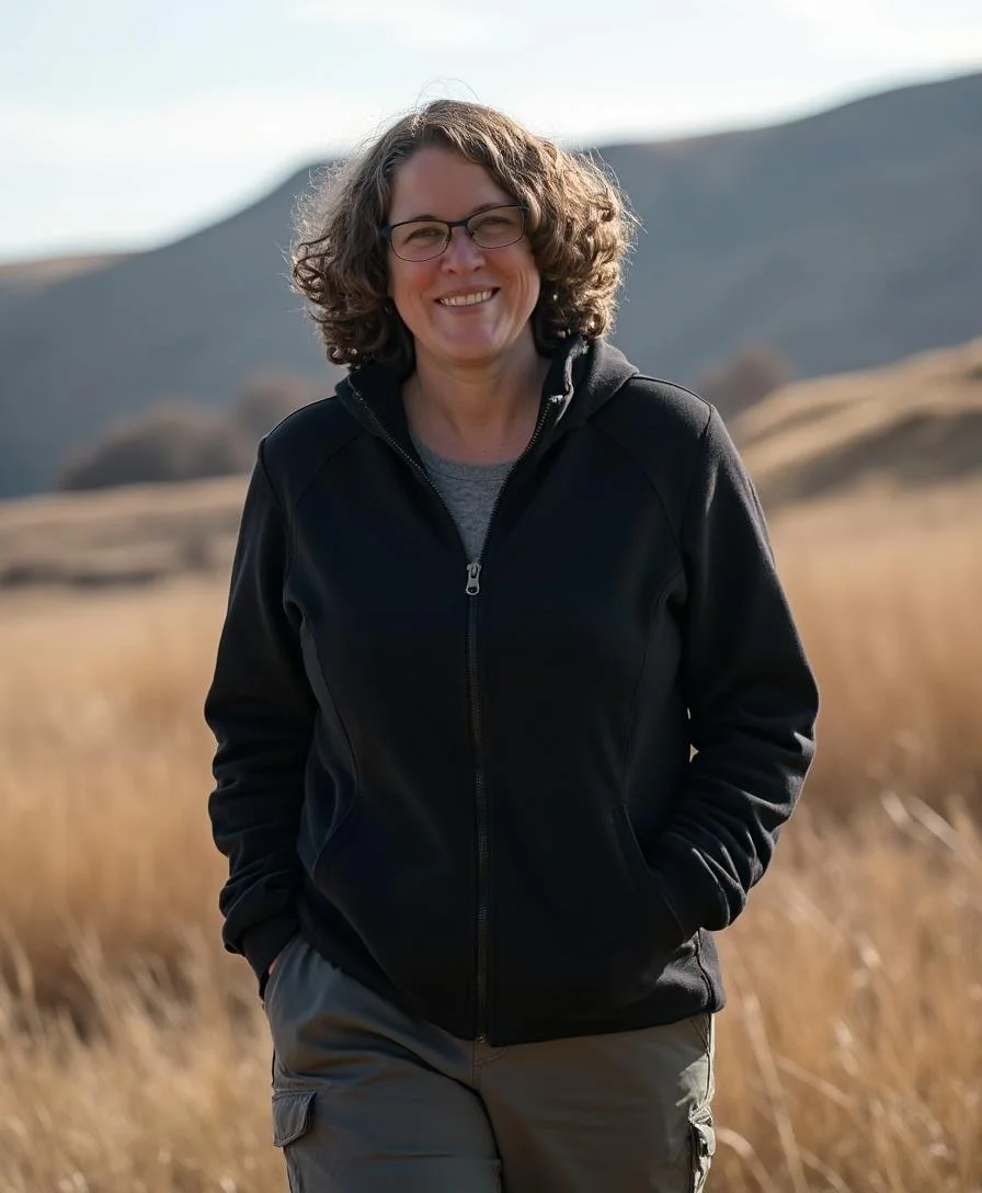 Melissa Albers, after chemotherapy with brown chemo curls outdoors wearing a black jacket and dark green pants.